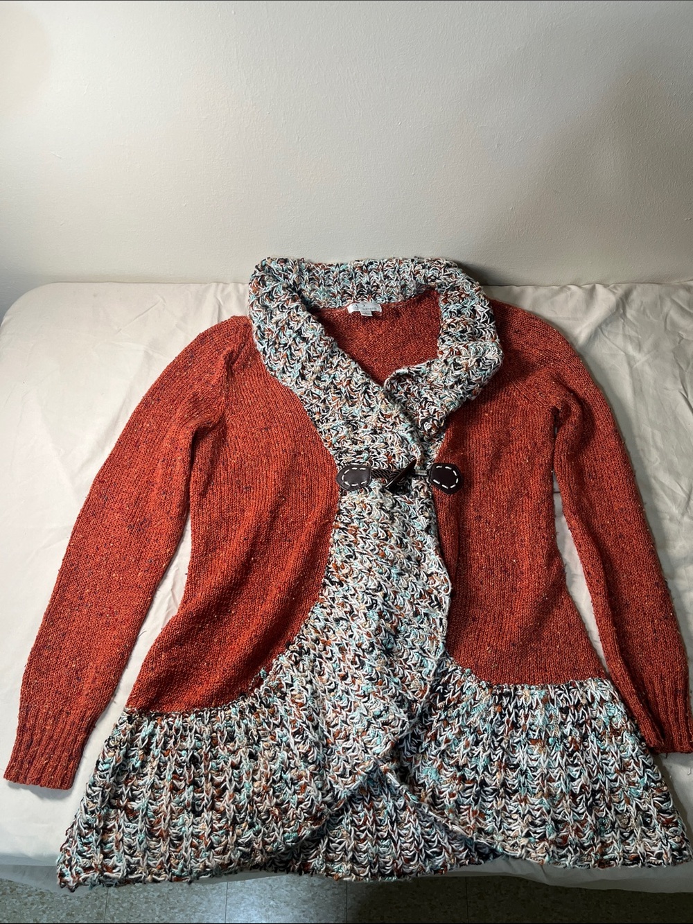 Ponsesa open front rust cardigan sweater with crochet trim - Boho style